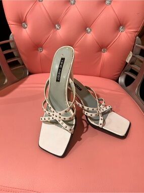 Nine West White Studded Strappy Square-Toe Heels - Open Back